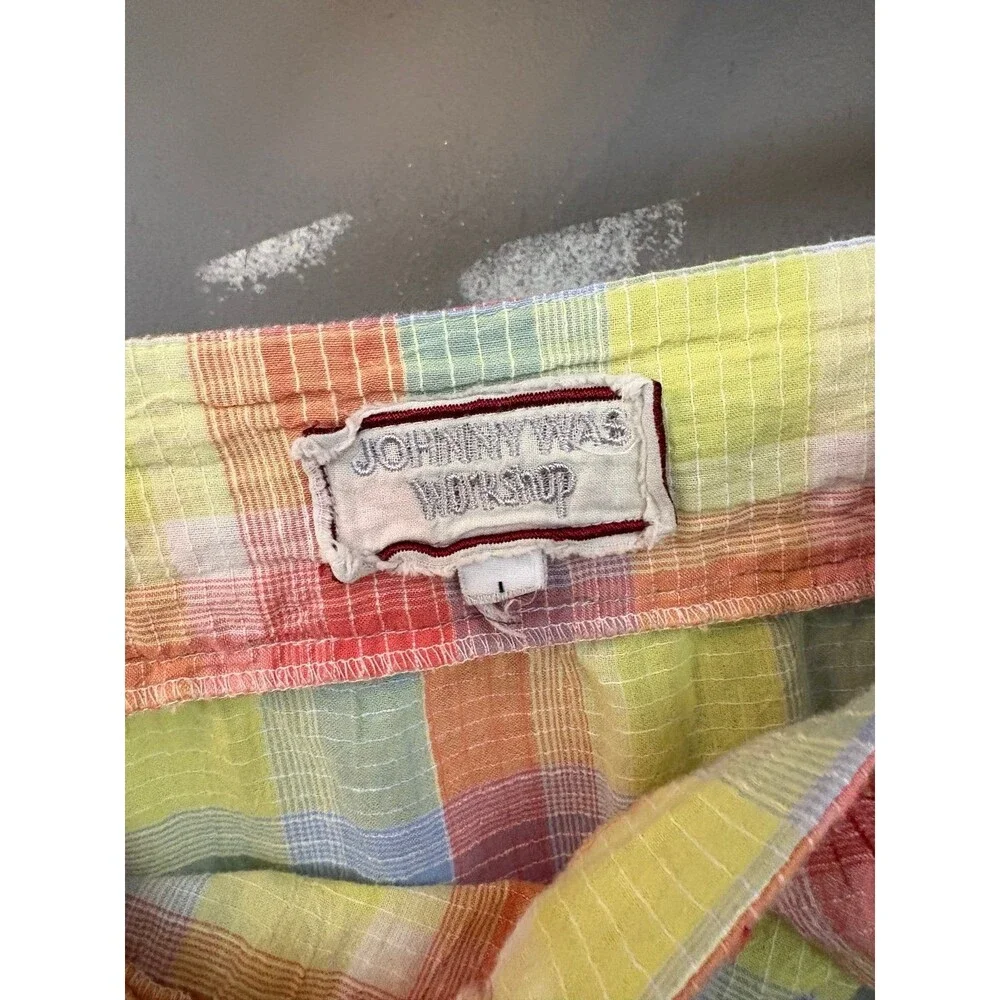 Johnny Was size Large L Delacey plaid pastel puff sleeve peasant top shirt